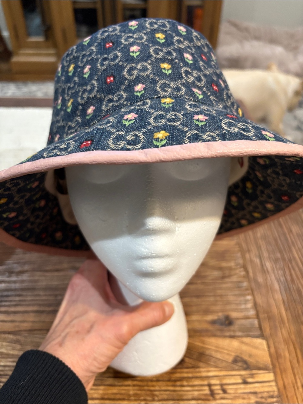 Gucci Women’s Denim Bucket Hat with Multicolor Floral Embroidery and Pink Trim - Picture 2 of 10